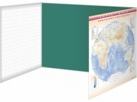 Доска аудиторная, меловая, магнитно-маркерная, трехэлементная (клетка, линейка, пропись, карта мира) + комплект тематических магнитов - «globural.ru» - Воткинск